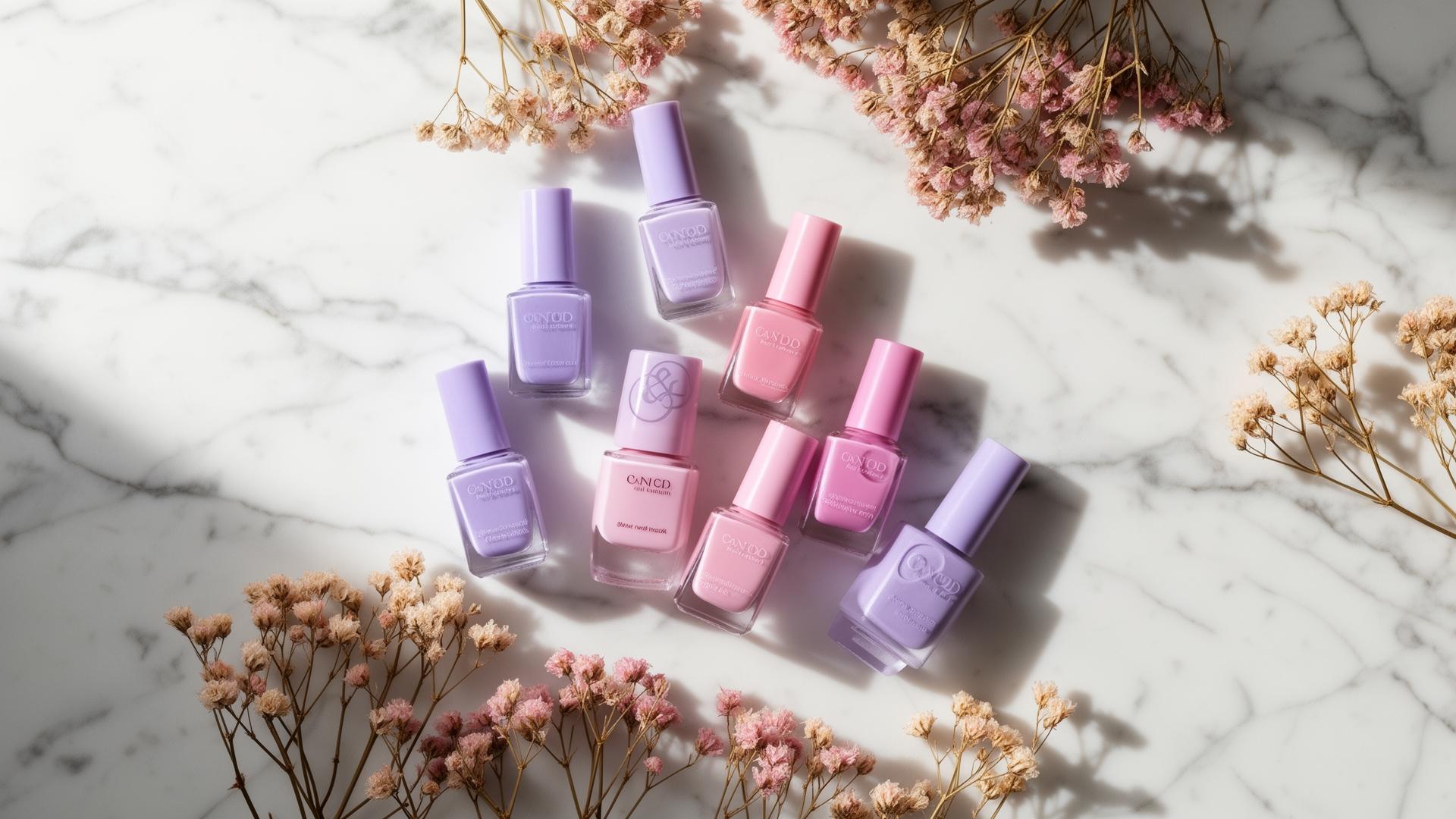 Lavendel und blush-pinke Nagellack-Bottles auf Marmor